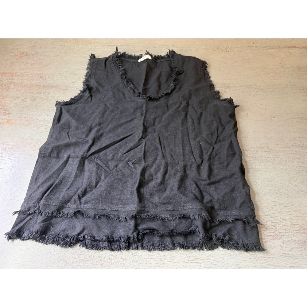 La Miel Black Frayed Raw Hem Linen Blend Sleeveless V-Neck Tank Top Small
